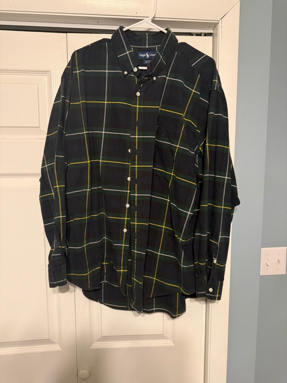 Ralph Lauren Navy Plaid Button-Down Shirt with Yellow & Green Accents